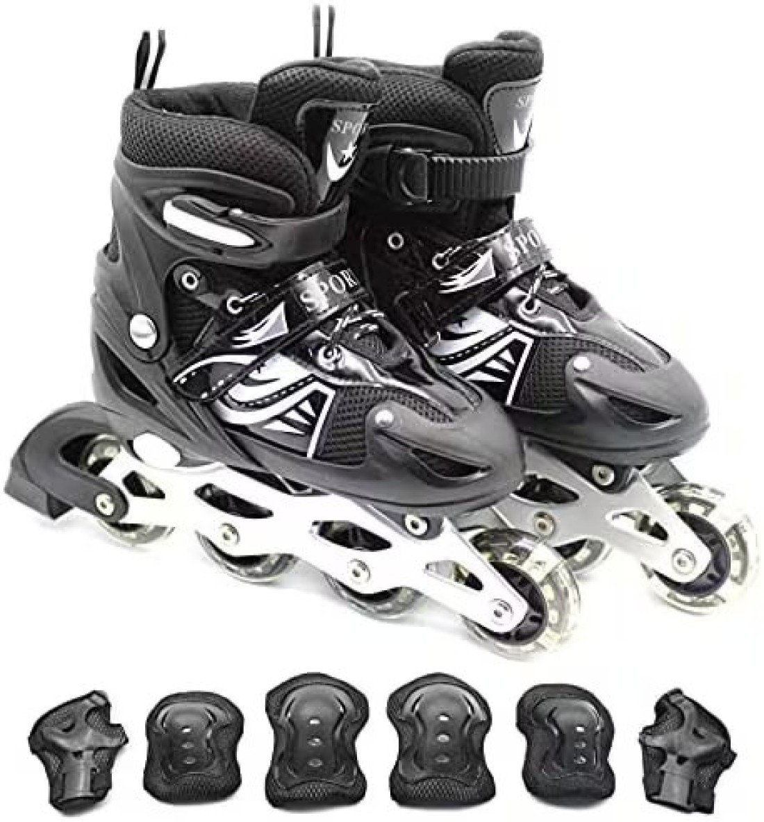EASY FUTURE Inline Skates Adjustable Size Roller Skates with Flashing Wheels Children Skate Shoes Including Protective Gear Knee Elbow Wrist Black Large (39-42)