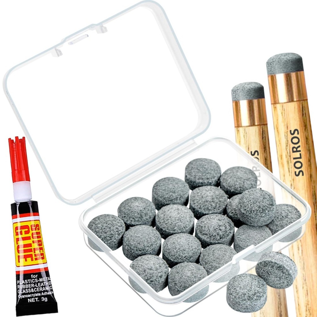 Billiard Pool Cue Tips Pool Stick Tips Replacement Repair Kit with Storage Box and Glue for Pool Table Cues Head and Snooker Stick SOLROS