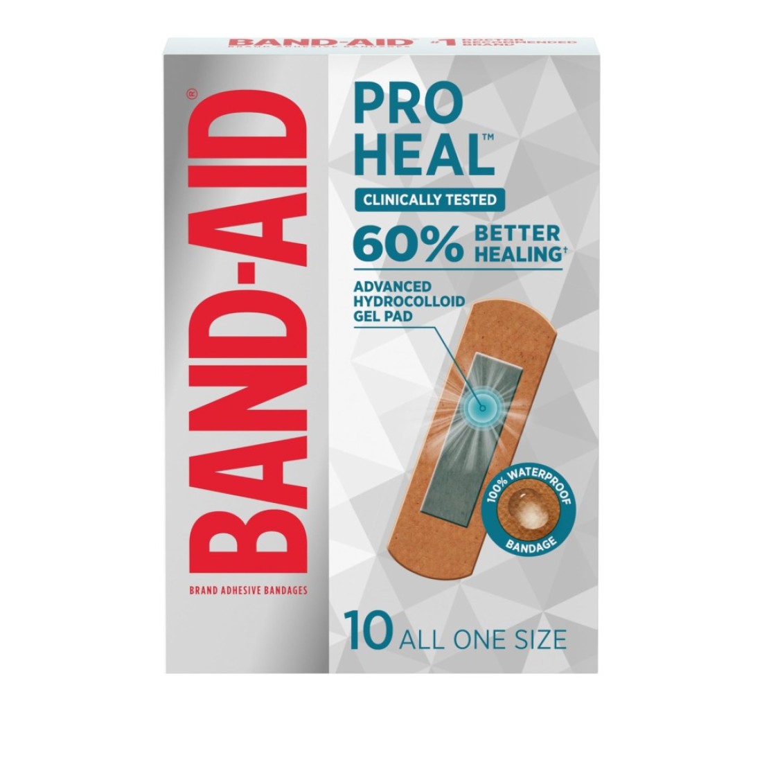 BandAid Brand Pro Heal Adhesive Bandages with Hydrocolloid Gel Pad Clinically Tested Better Healing of Minor Wounds Waterproof Bandages Sterile First Aid Bandages All One Size 10 ct