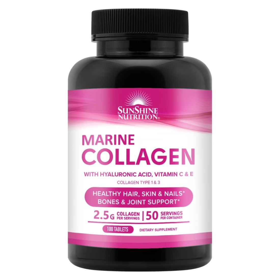 SunShine Nutrition Marine Collagen with Hyaluronic Acid Vitamin C and E Dietary Supplement 100 Tablets