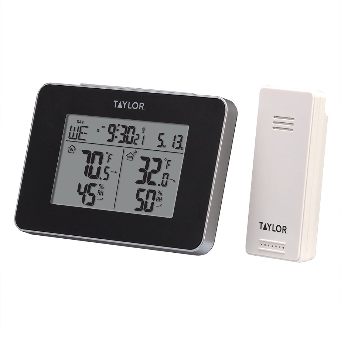 Taylor Wireless Digital Indoor Outdoor Thermometer and Hygrometer, Weather Station, Battery Powered, Alarm, Easy-to-Read Display for Home, Office, Greenhouse, Nursery, and Indoor Areas, Black