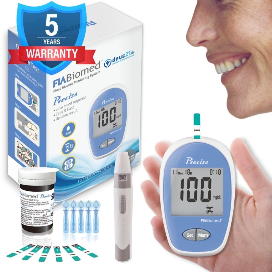 Precisa Blood Glucose Monitor Kit 50 Glucometer Strips 50 Lancets 1 Blood Sugar Monitor Blood Sugar Test Kit with Control Solution Lancing Device Large Display