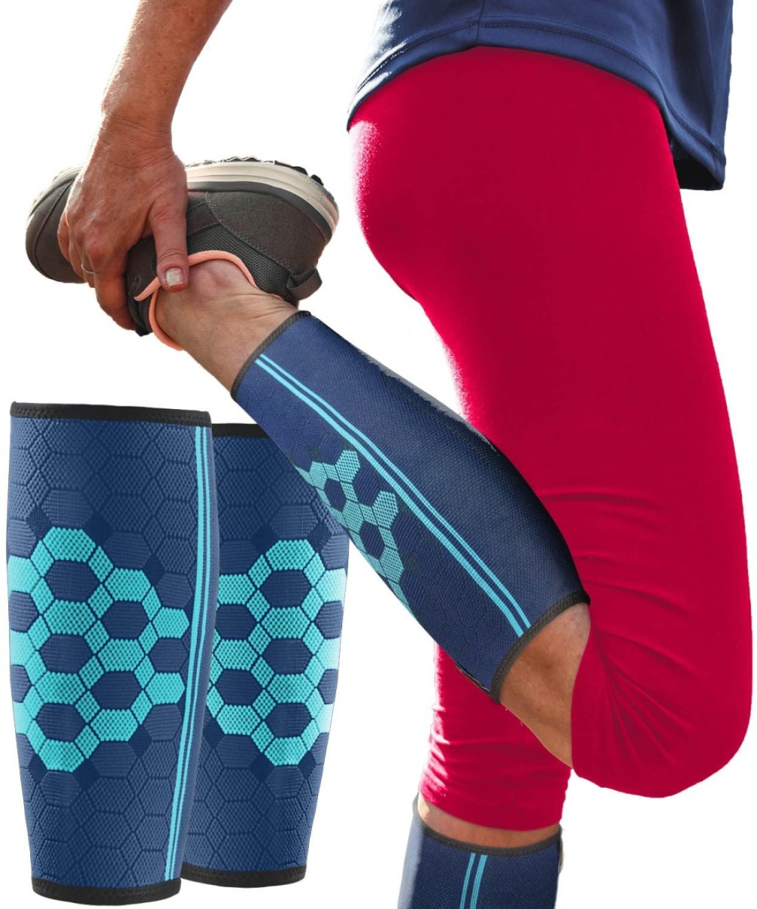 Sparthos Calf Compression Sleeves (Pair) &ndash; Leg Compression Socks for Men and Women &ndash; Shin Splint Calf Pain Relief Medical Leg Pain and Cramps Recovery Varicose Veins (Blue-M)