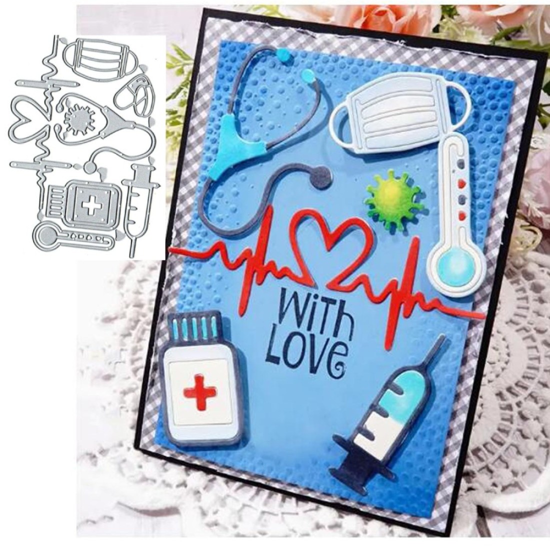 Medical Supplies Metal Die Cuts,Doctor&#39;s Stethoscope Syringe Heartbeat Cutting Dies Cut Stencils DIY Scrapbooking Decorative Embossing Paper Scrapbooking Card Making