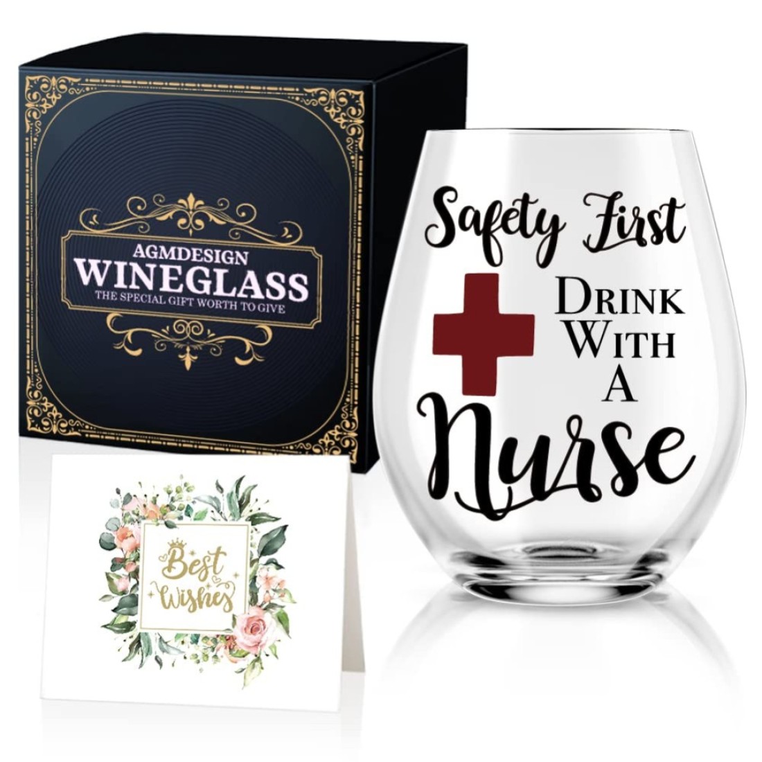 AGMDESIGN Safety First Drink With A Nurse Wine Glass With Gift Box, Funny Nurse Gifts For Nurses, Doctor, Dentist, Nursing Student, Physician, Practitioner, Coworker, Nurses Day Nurse Graduation Gifts