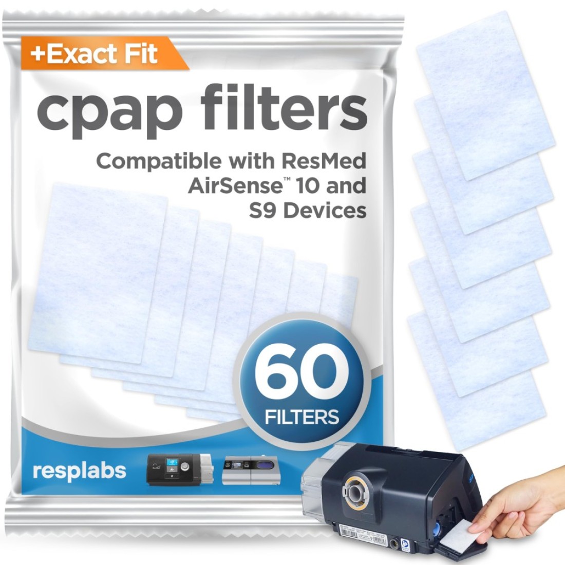 resplabs CPAP Filters Compatible with The ResMed AirSense, AirCurve 10 &amp; S9 Machine (Pack of 60)