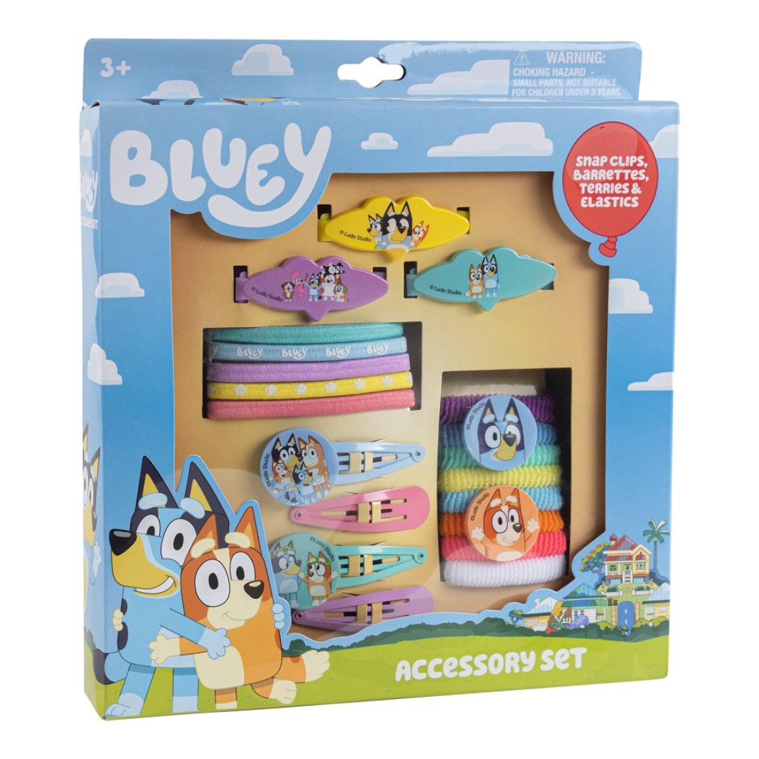 Luv Her Bluey Girls 20 Piece Accessory Set with 3 Barrettes 4 Snap Hair Clips 5 Elastics and 8 Terry Ponies Ages 3