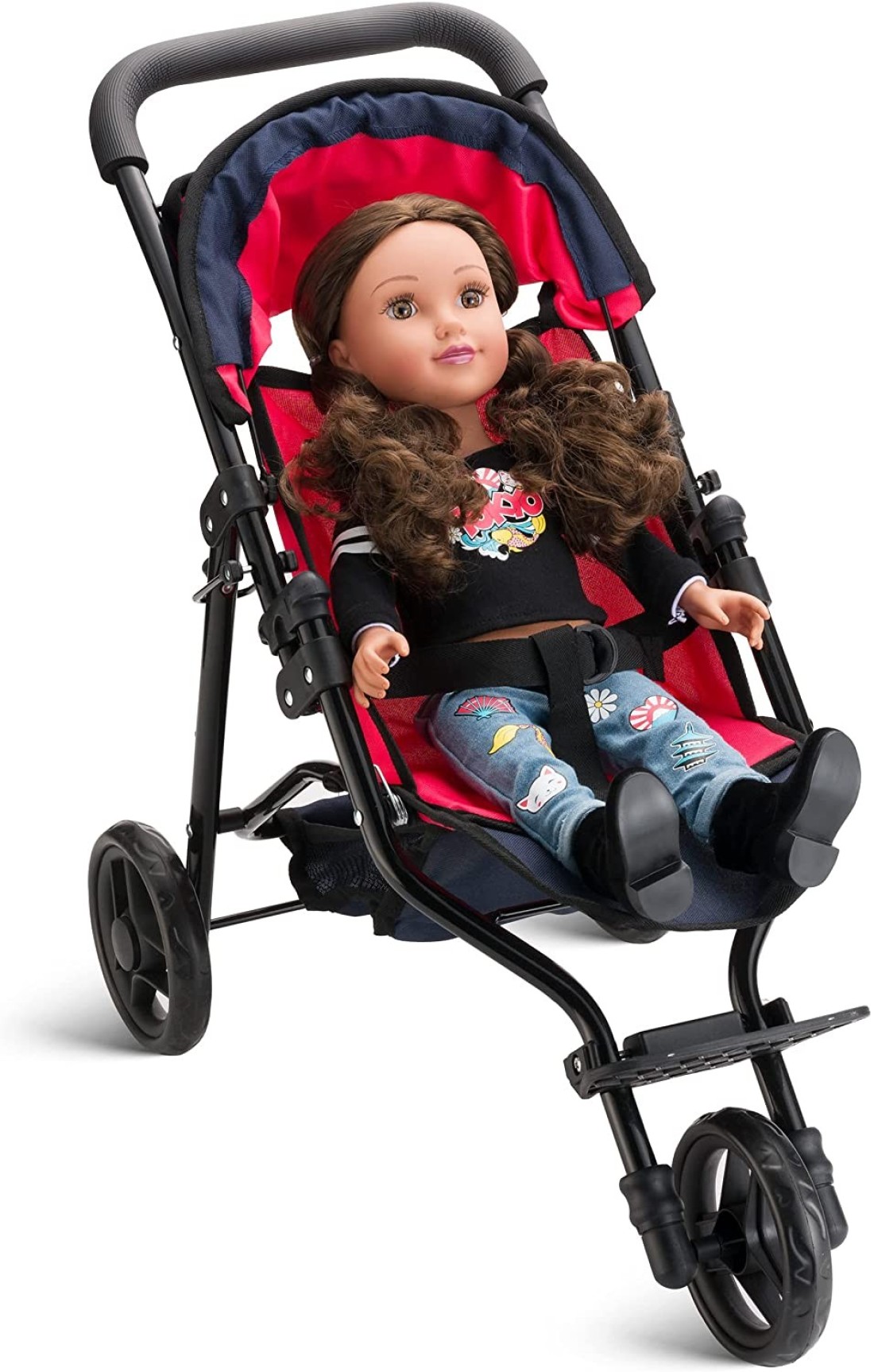 Hushlily Baby Doll Jogger Stroller With Adjustable Canopy &amp; Basket, Foldable, Smooth Rolling Wheels (Red Denim Blue)