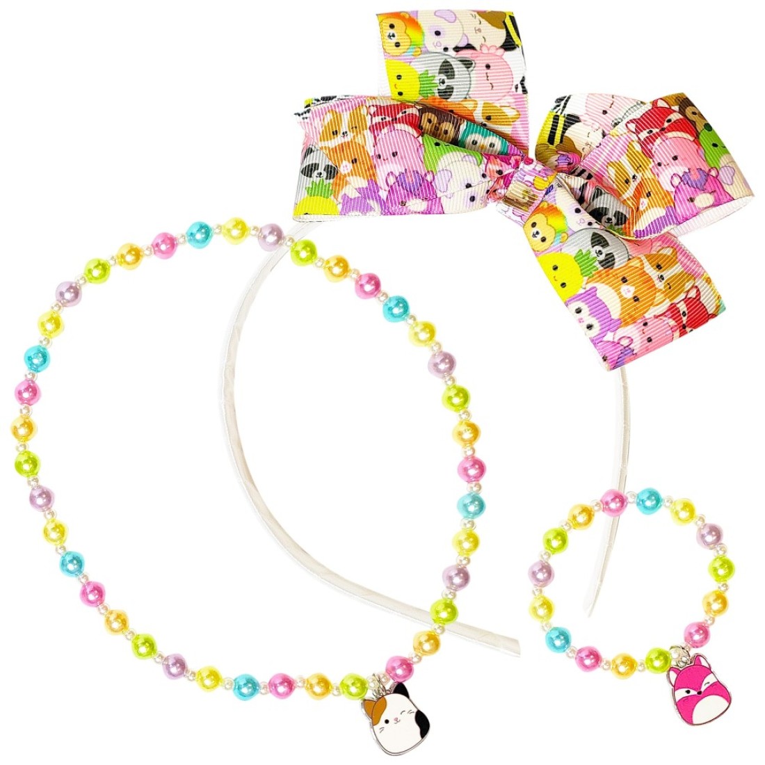 SQUISHMALLOW Cute Hair Headband Jewelry Set for Little Girls - 3pc Toddler Dress Up Kit - 1 Kids Headband With Bow - Necklace - Bracelet girl birthday gift - Ages 8+