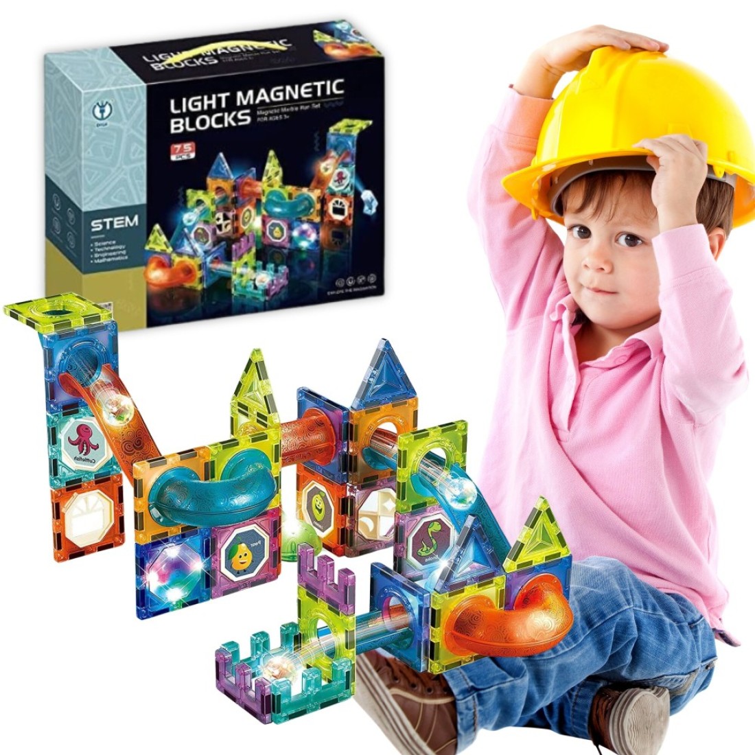 75 Pcs Glow Magnetic Tiles Set for Kids - STEM Learning Toy with Colorful Pipelines, Balls, and Stickers Creative Educational Building Blocks for Boys &amp; Girls