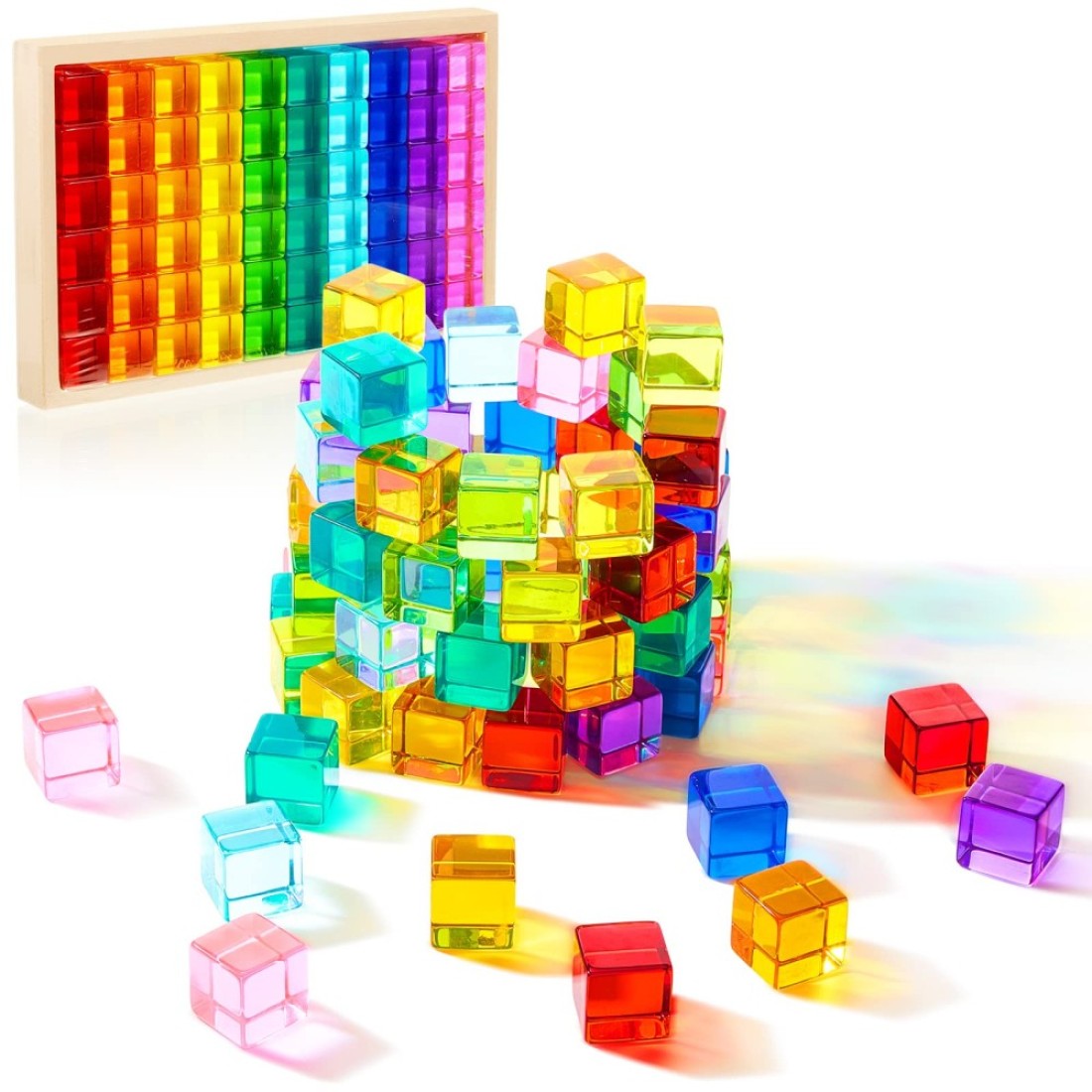 Meooeck 60 Pcs Acrylic Gem Cubes Blocks Translucent Rainbow Building Cubes Crystal Educational Sensory Training Stacking Toys with Wooden Storage Boxes School Supplies Birthday Gift