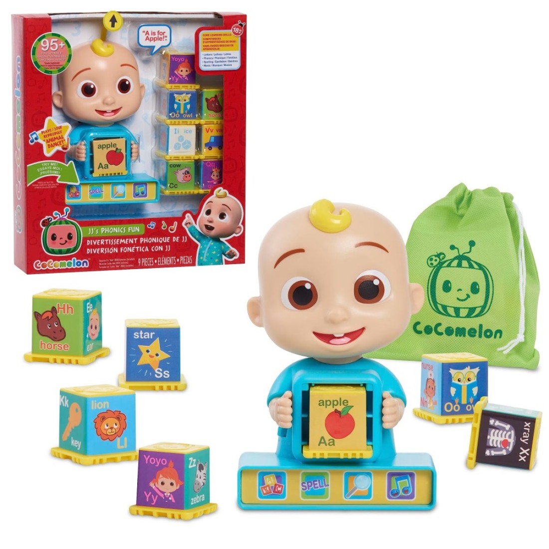Just Play CoComelon JJ Phonics Fun Interactive Learning and Education Toy, 4 Modes of Play, Animal Dance Song, Spelling, 9-Pieces, Kids Toys for Ages 18 Month