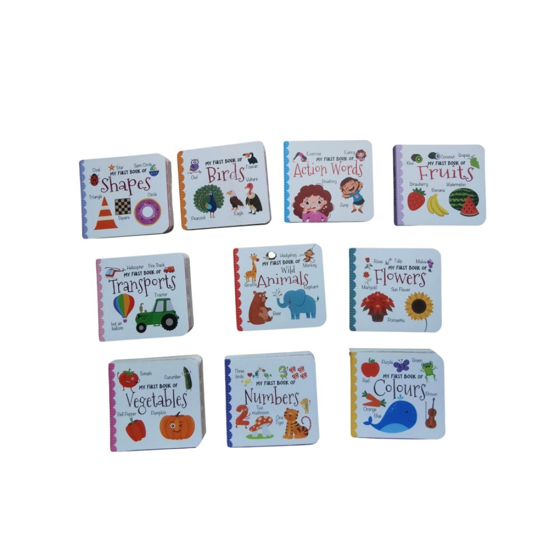 Kid&#39;s Early Learning animal, vegetable, color, action word, bird, transport, fruit, flower, shape, and number flash cards ( Set of 10 Pcs)