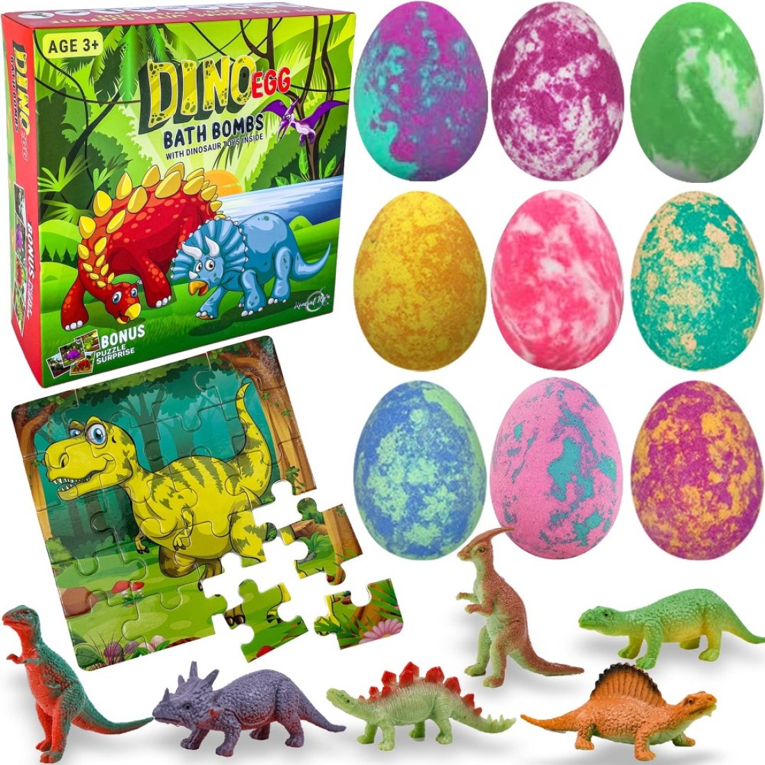 Bath Bombs for Kids with Surprise Toys Inside Plus Dinosaur Puzzle - Set of 9 Organic Dino Egg Bath Bombs with Rich Bubbles, Christmas Gift for Kids