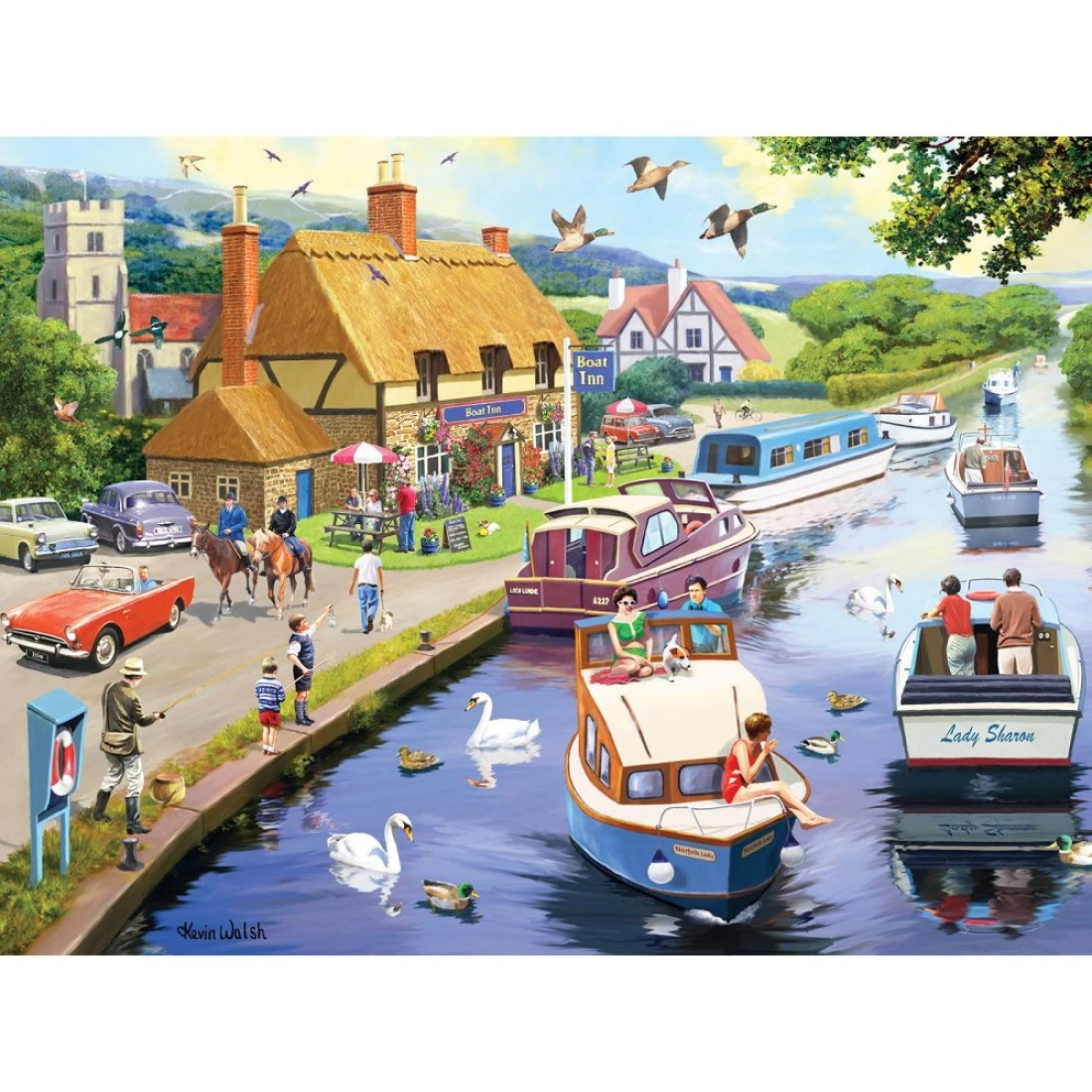 Bits and Pieces 300 Piece Jigsaw Puzzle for Adults 18 x 24 A Lazy Evening on The River 300 pc Large Piece European River Boats Jigsaw by Kevin Walsh