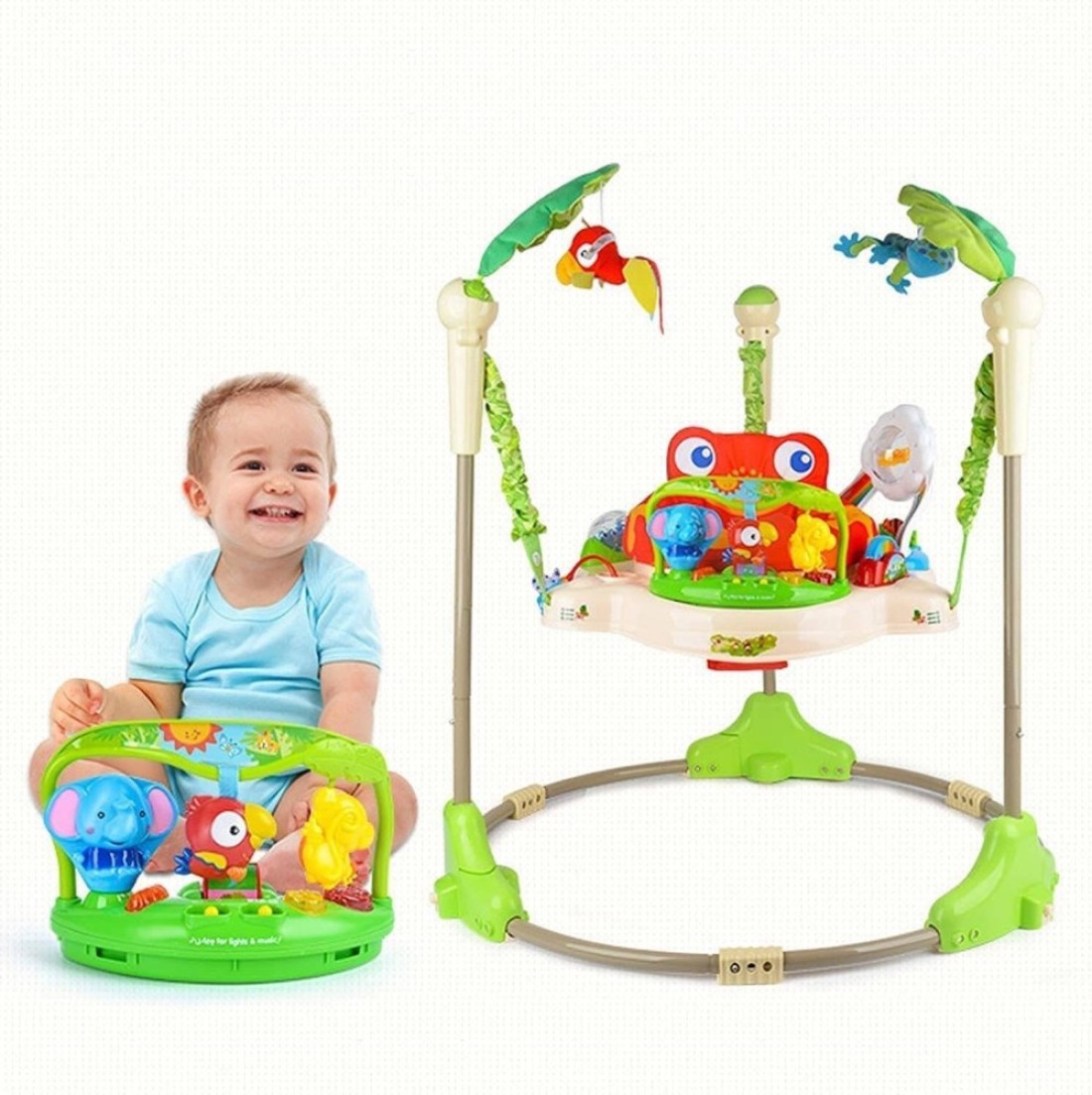 كرسي هزاز تفاعلي للأطفال من Rainforest Jumperoo مزود بمركز اكتشاف وأضواء وأصوات