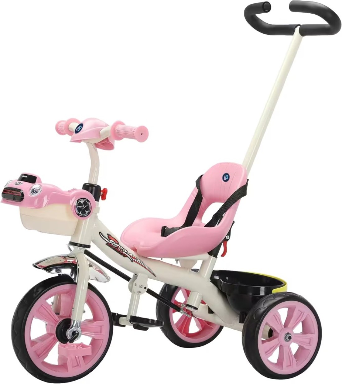 Lovely Baby Kids Tricycle LB 6565H with Parent Control, Music &amp; LED Lights, EVA Wheels, Steel Frame, Ride-On Toy for 1-3 Years - Pink
