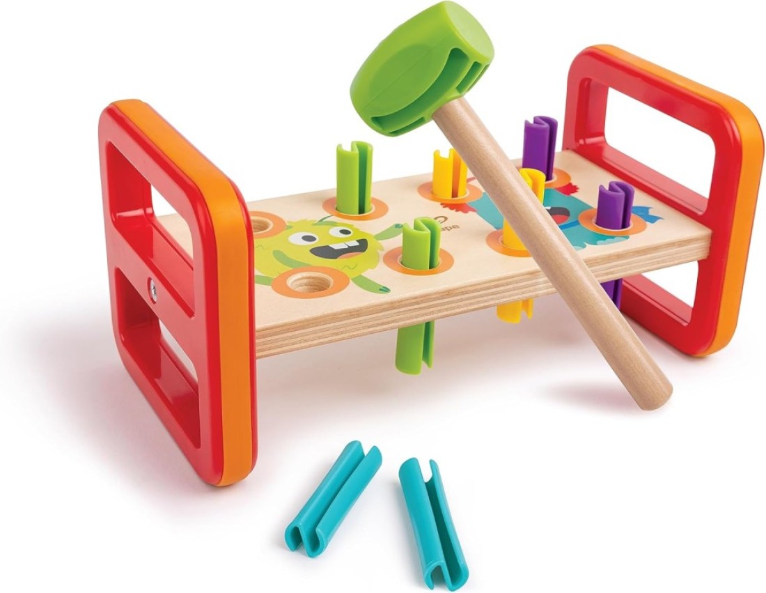Hape Monster Match &#39;N&#39; Smash Hammer Bench 10pcs, Colour Matching Hammer Bench, Color &amp; Number Recognition, Educational Wooden Toy, Multicolour, Toys For 1 year &amp; Up