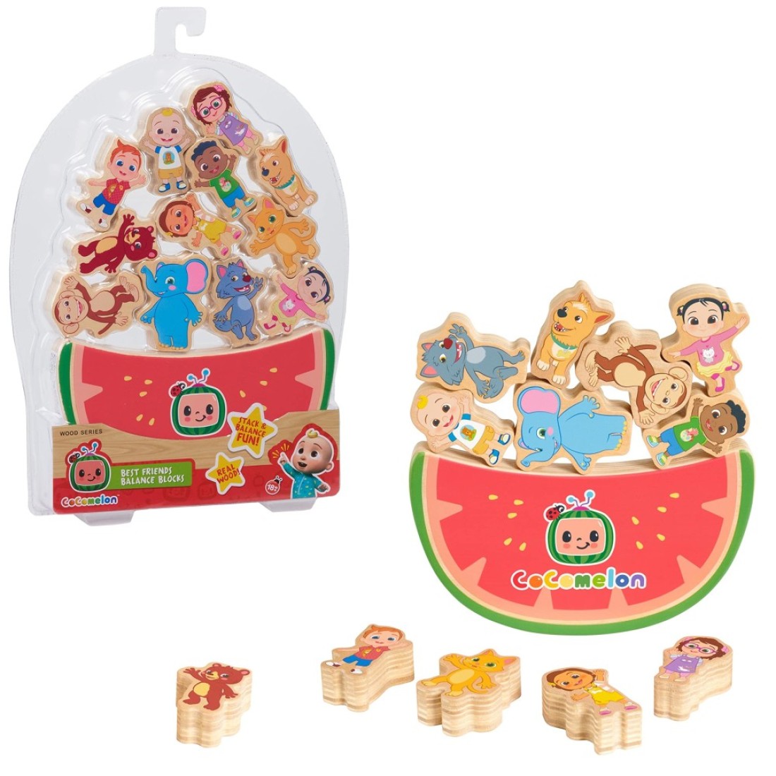 Just Play CoComelon Best Friends Wooden Balance Blocks, Recycled Wood, Kids Toys for Ages 18 Month