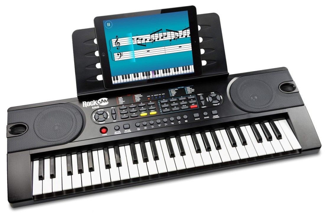 RockJam 49 Key Keyboard Piano with Power Supply Sheet Music Stand Piano Note Stickers Simply Piano Lessons Black