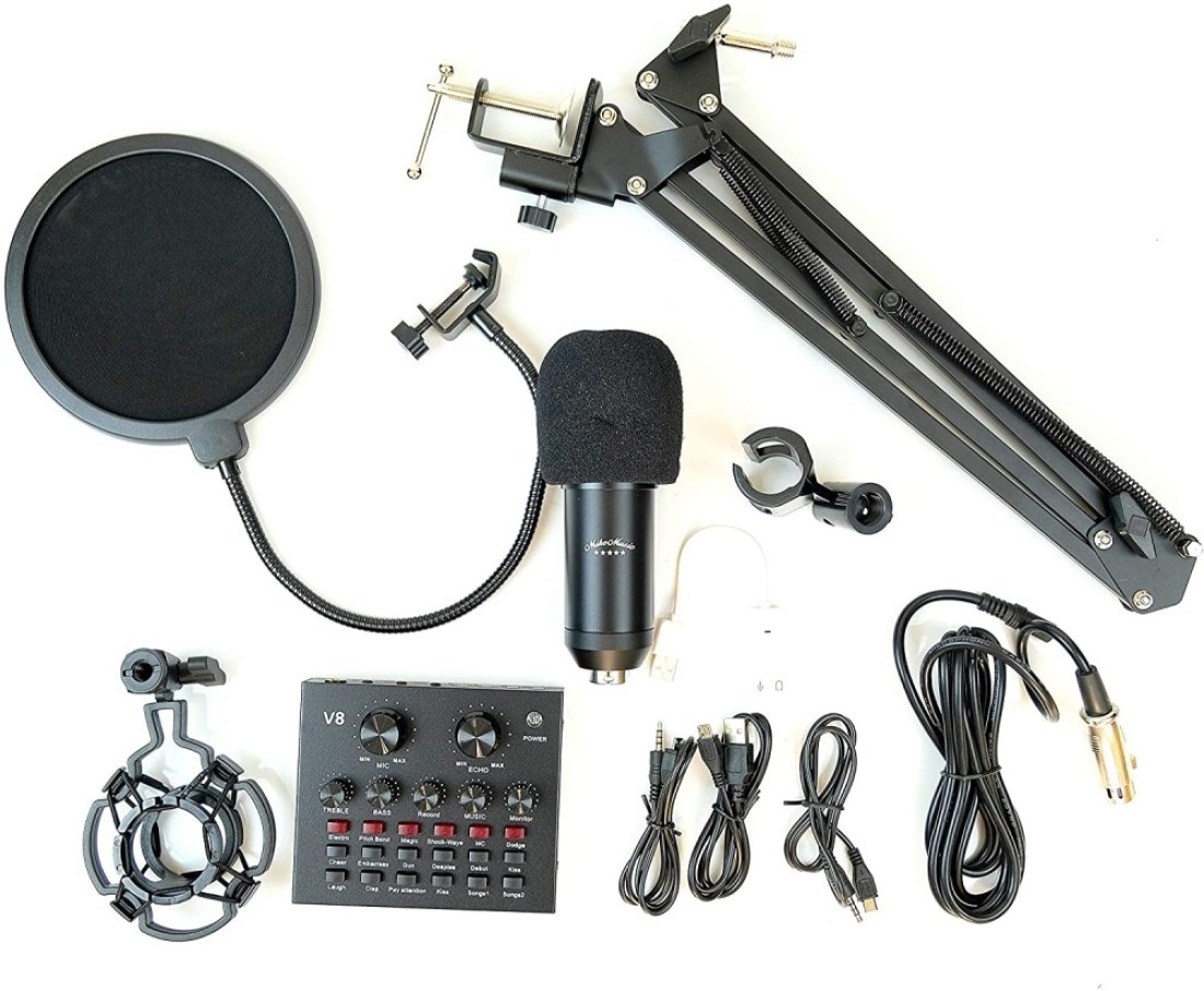 Mike Music Multifunctional Live Sound Card &amp; Bm800 Suspension Microphone Kit Broadcasting Condenser Microphone Set With Blutooth (Sound Card Full Set, Black)