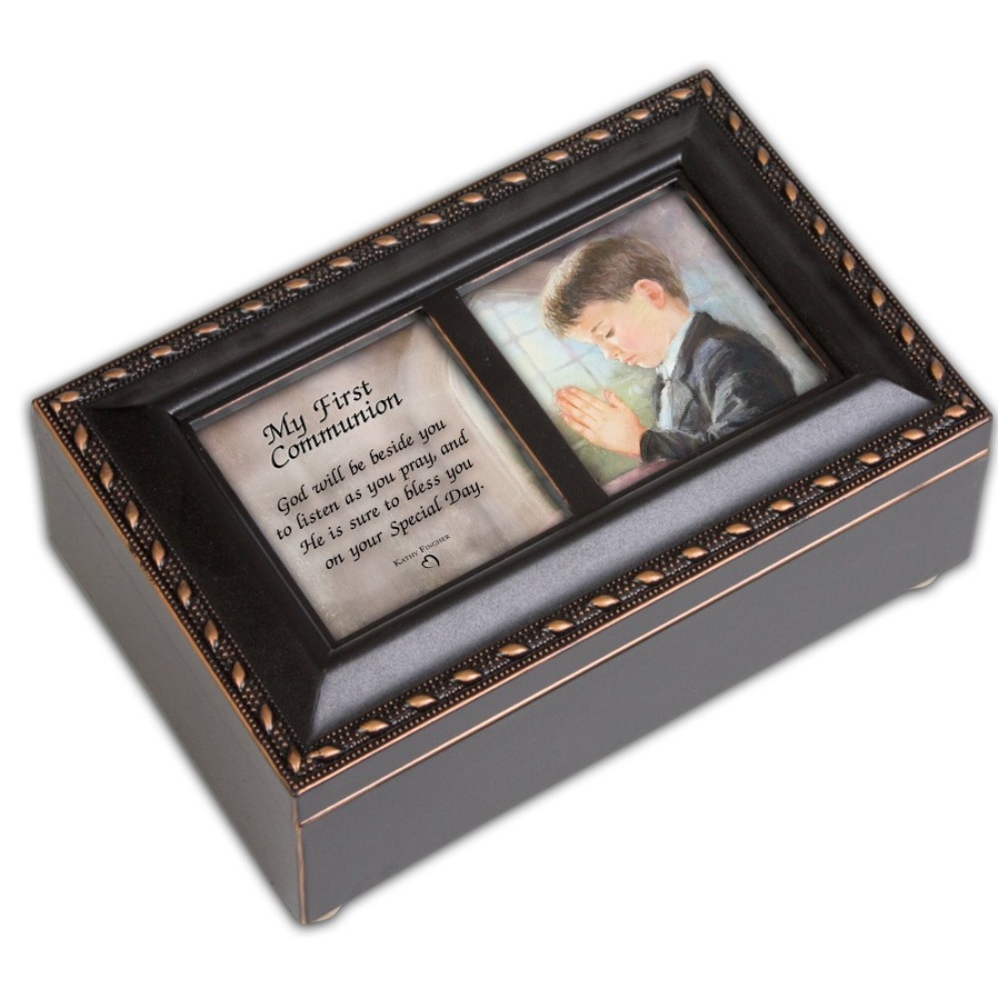 Cottage Garden First Communion God Beside You Matte Black Jewelry Music Box Plays Handel&#39;s Hallelujah