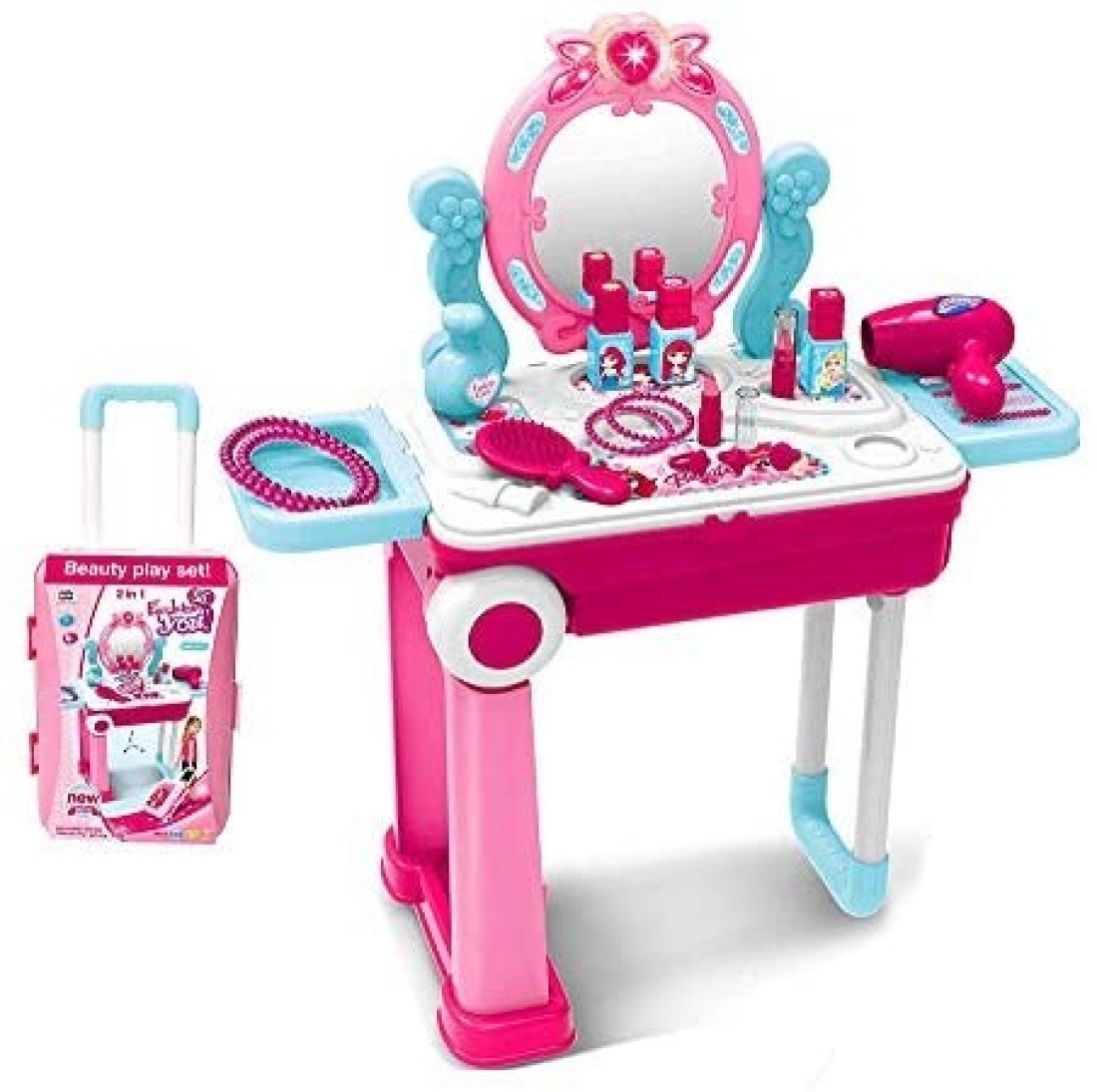 2 in 1 Pretend Play Kids Vanity Table and Chair Beauty Mirror and Accessories Play Set with Trolley Fashion Makeup Accessories for Girls