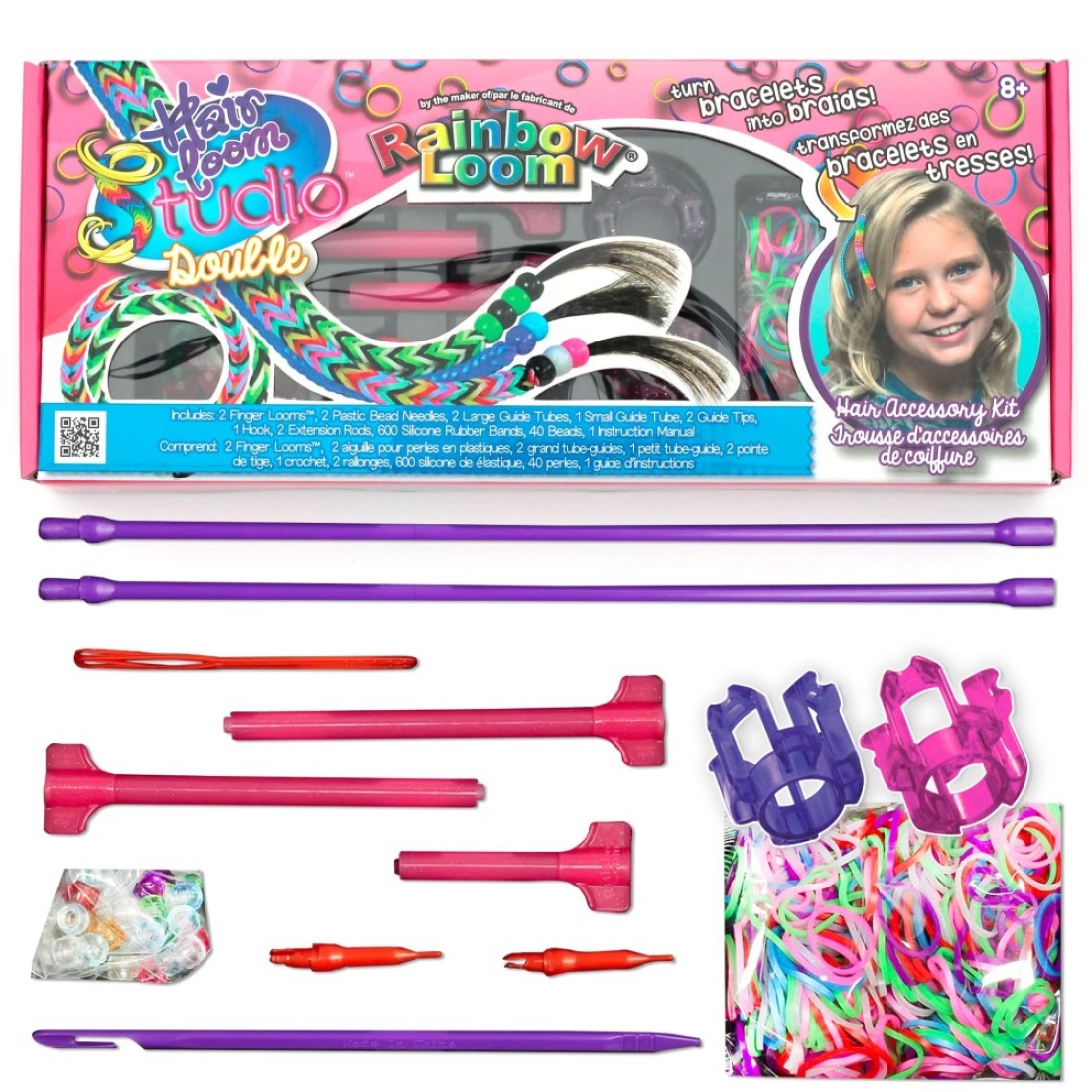 Rainbow Loom&reg; Hair Loom Studio Kit, Features 2 Finger Loom, 40 Beads, 600 Rubber Colorful Rubber Bands and Many More, Great Gift for Girls 7+