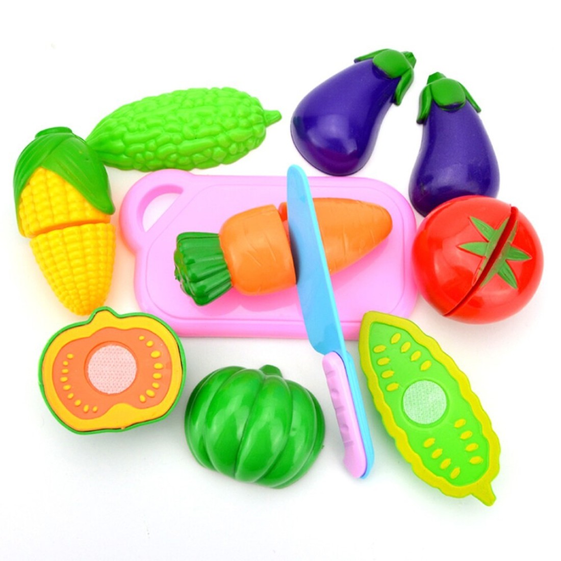 Generic-Kitchen Toy Fun Cutting Fruit &amp; Vegetables Set Pretend Play Food Cooking Playset with Cutting Board Toy Knife Educational Toys Games 8Pcs Vegetables Set