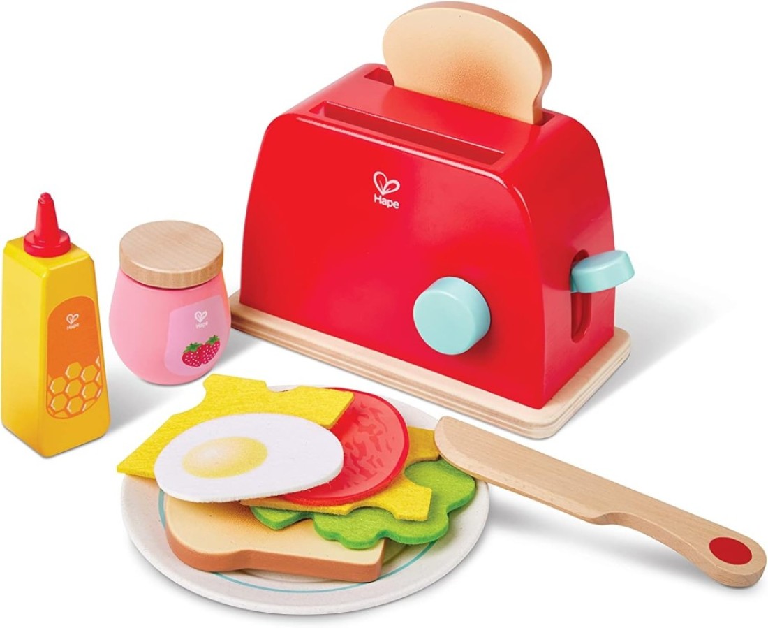 Hape Pop-up Toaster Set, 3Y+, Kitchen &amp; Food Toys, Wooden Red E3190