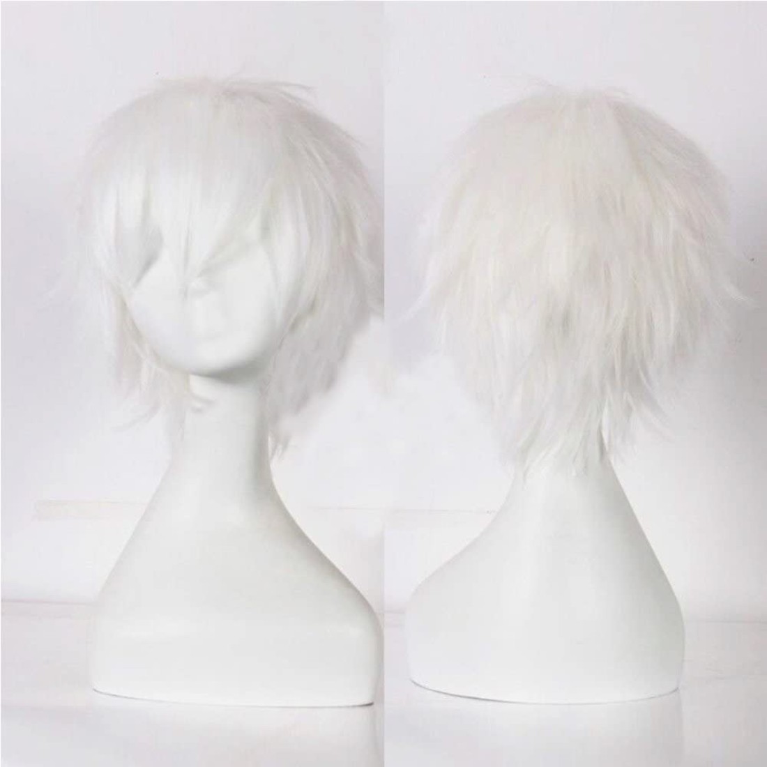 Anime Cosplay Wig Short White Wigs for Women/Men Synthetic Curly Straight Fancy Dress Wig Layered Fluffy Halloween Costume Party Wig with Free Cap