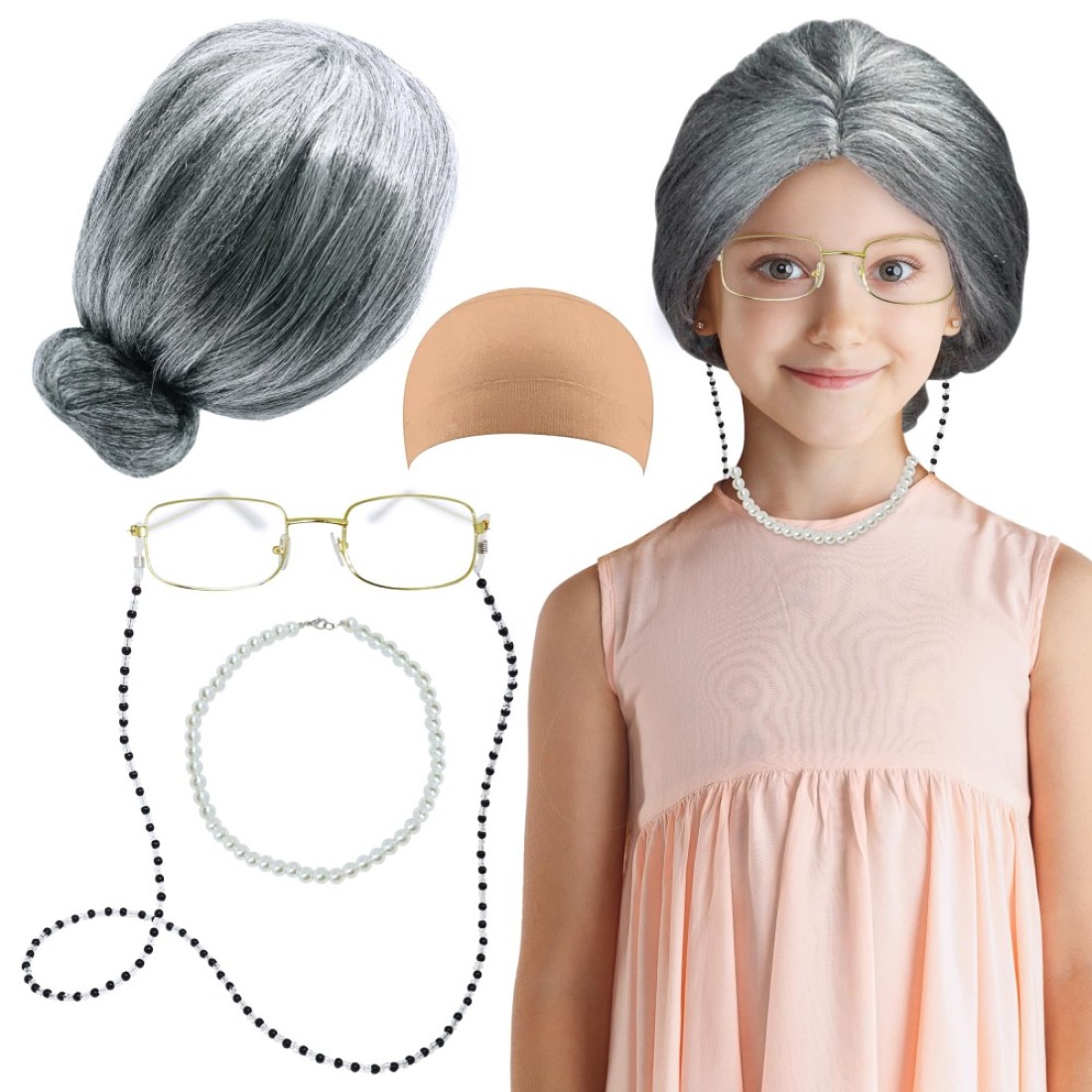 4E&#39;s Novelty Old Lady Costume for Kids - for 100 Day of School Grandma Costume for Girls, Wig, Glasses Accessory for Toddlers age 3-10 (5 Pcs Set)