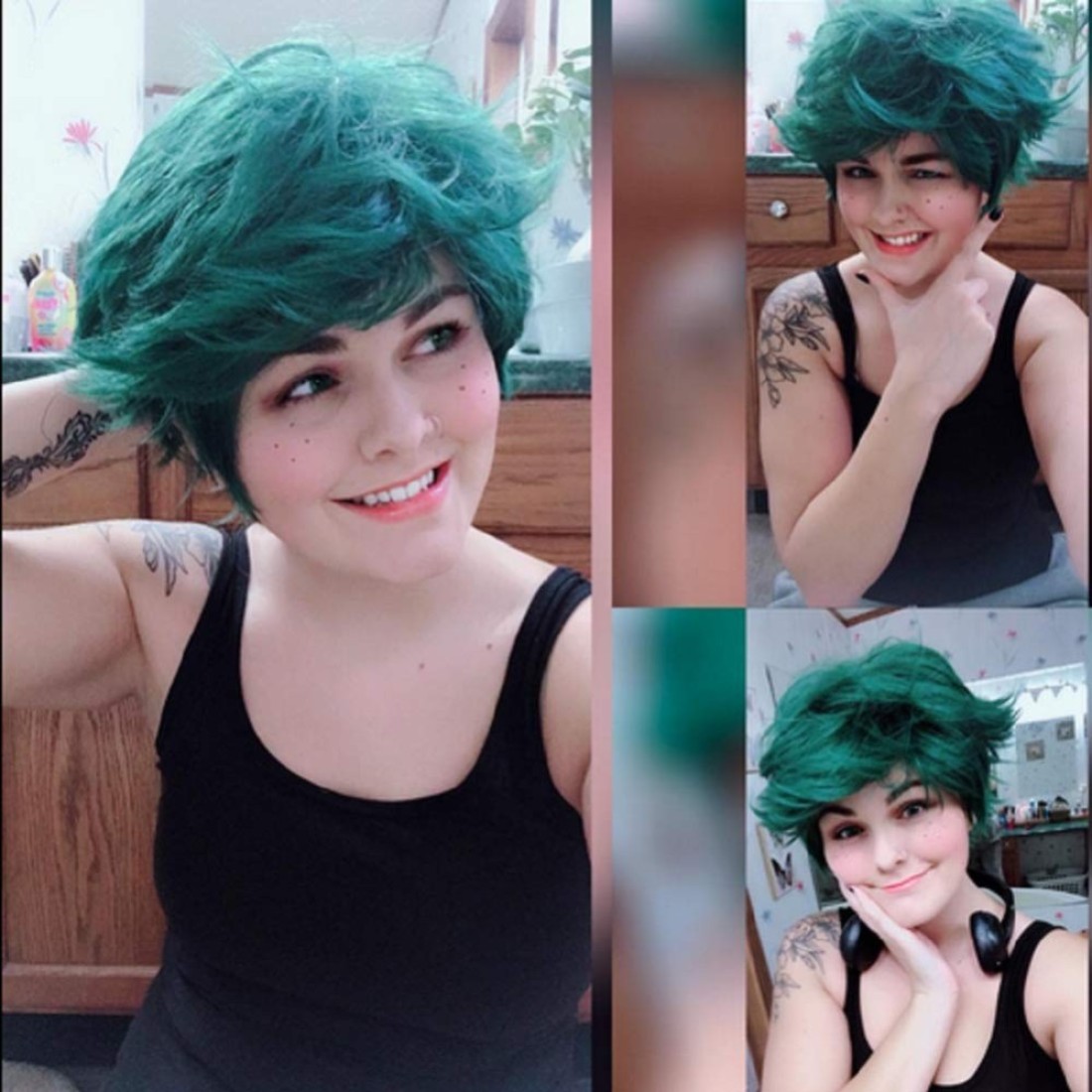TOPHR Short Green Wig Curly Wave Heat Resistant Fiber Synthetic Cosplay Wigs for Halloween or Christmas Day Wear(Dark Green)