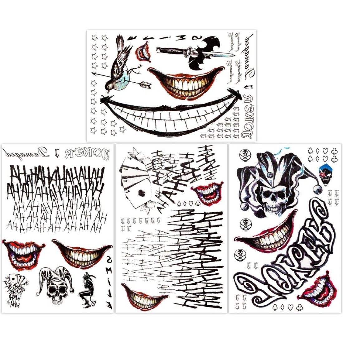 4 Sheets LargeSize Joker Tattoos NEDEQI Halloween Fake Temp Tattoo for Men Adult All Versions Realistic Last Long Joker Sticker Perfect for Halloween Costumes Cosplay Makeup Party Accessories