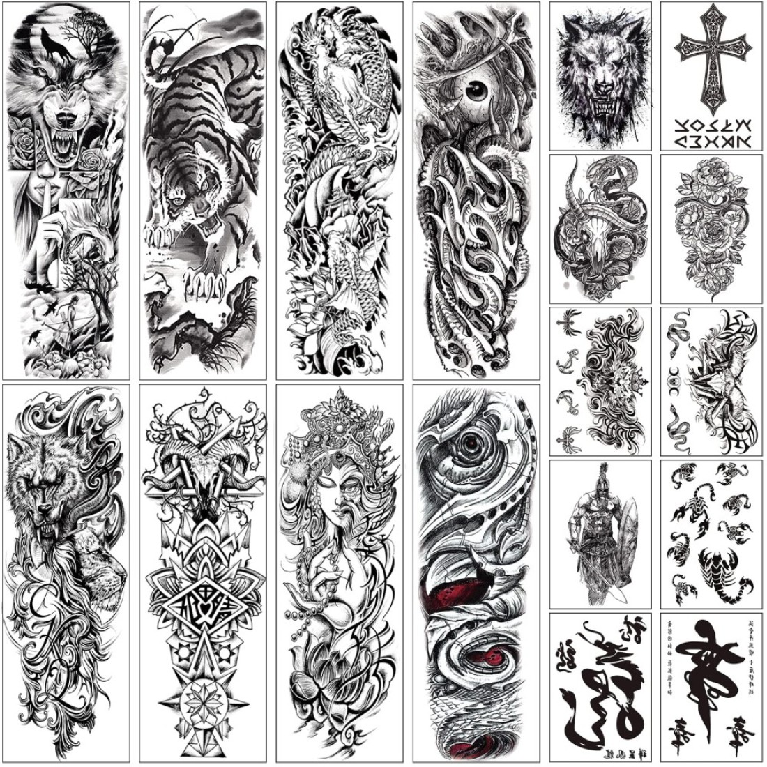 Aresvns Halloween Sleeve Tattoos Temporary for Men WomenBlack fake tattoos for adultsWaterproof Realistic Temporary TattoosLooks Real Temp TattoosWolfTigerDevils eye
