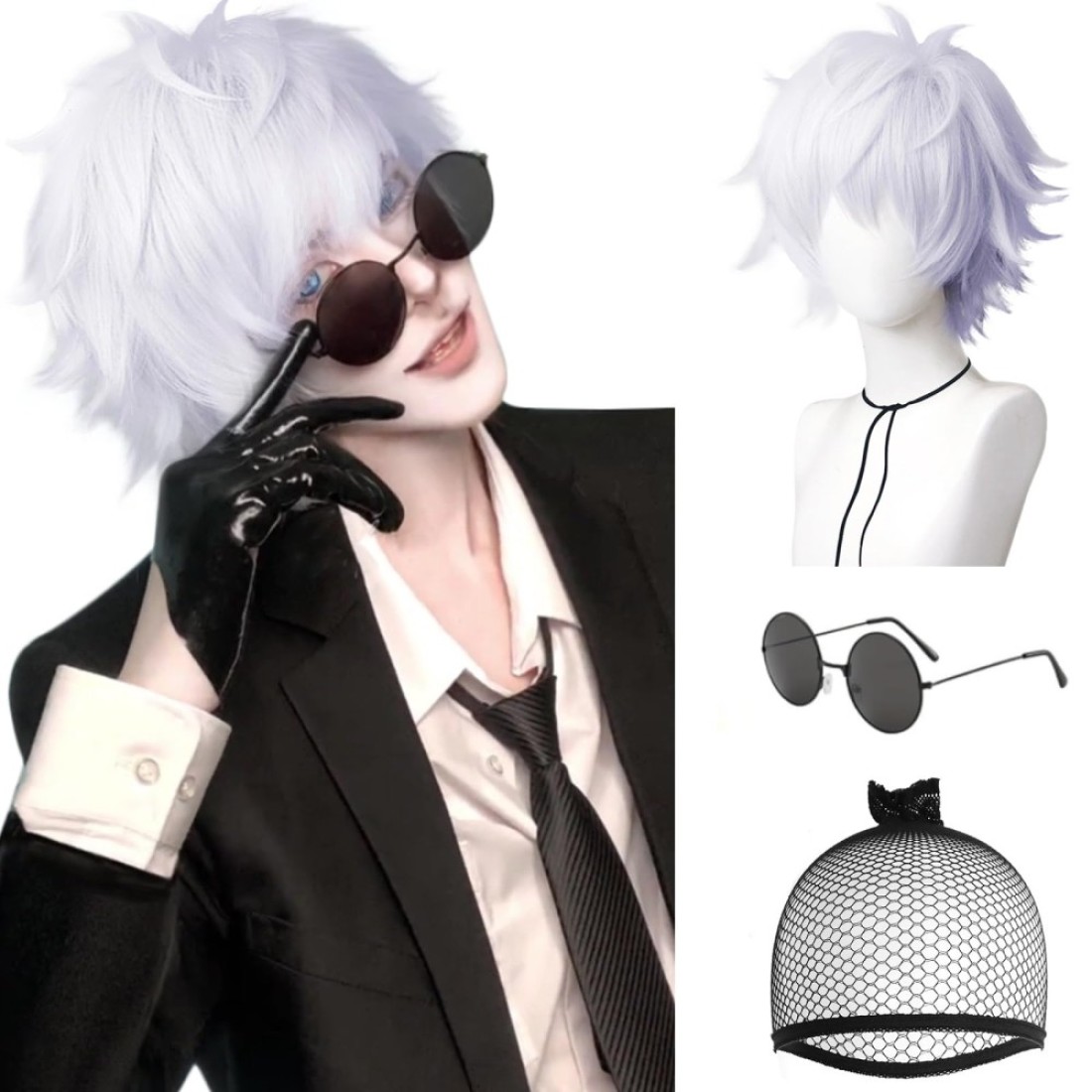 Anogol Hair Cap+(1 Black Glasses) Satoru Gojo Cosplay Wig Short Silver Fluffy Wig for Jujutsu Kaisen Cosplay Silver Mix Light Purple Men Synthetic Hair with Bangs Costume Wig for Halloween Party Anime