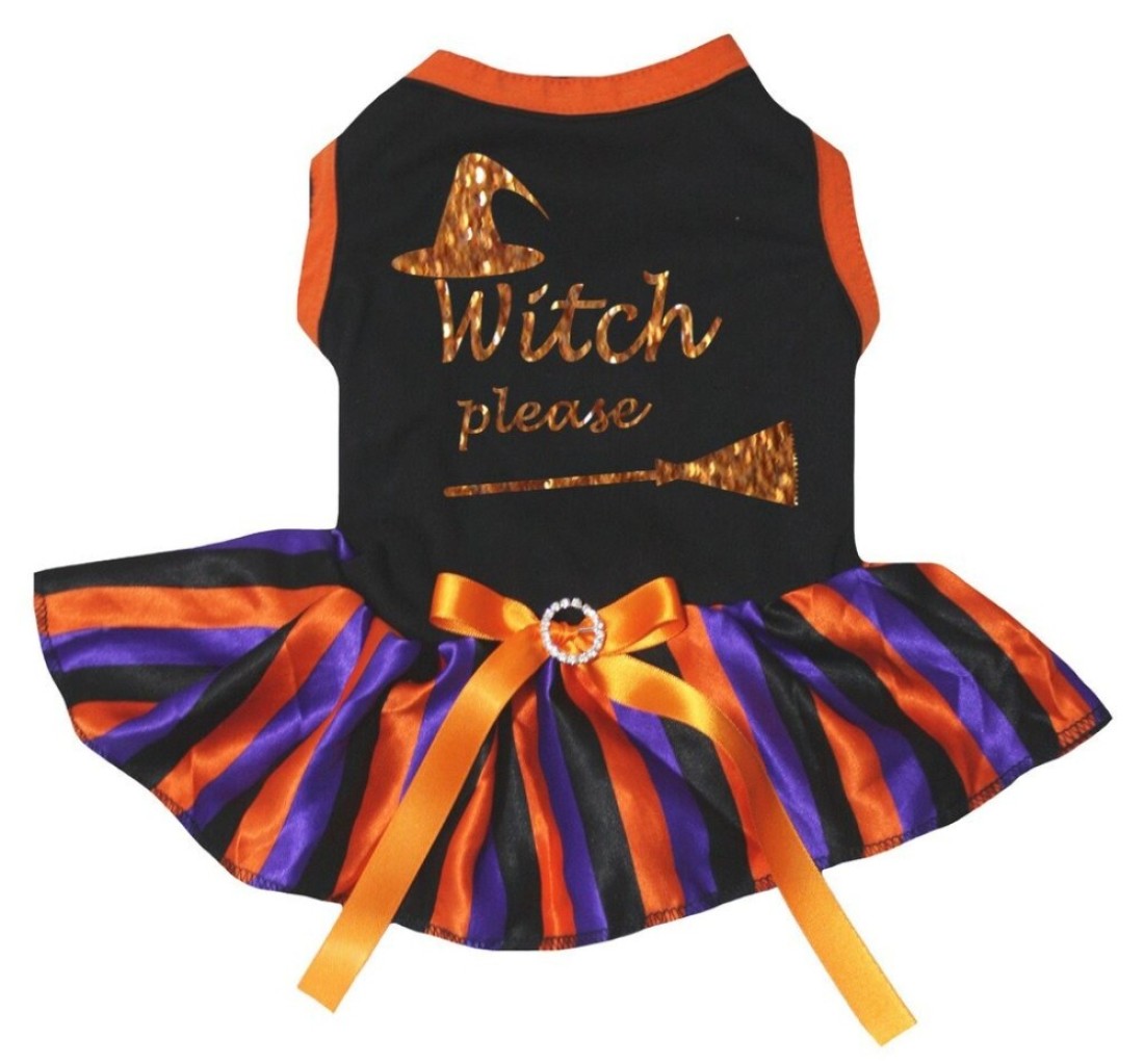 Petitebella Witch Please Puppy Dog Dress (Black/Striped, Small)