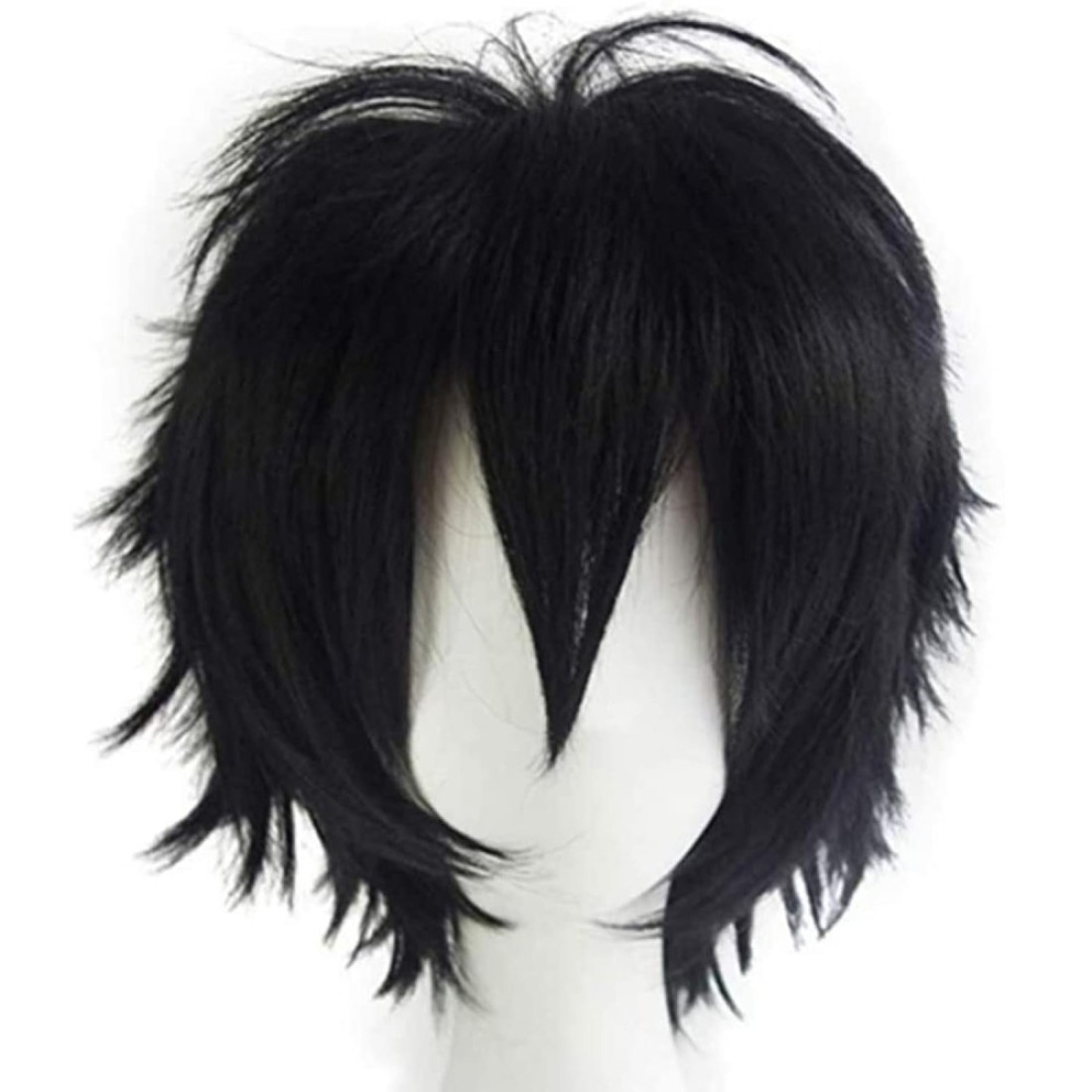 Anime Cosplay Wig Short Black Wigs for Women/Men Synthetic Curly Straight Fancy Dress Wig Layered Fluffy Halloween Costume Party Wig with Free Cap