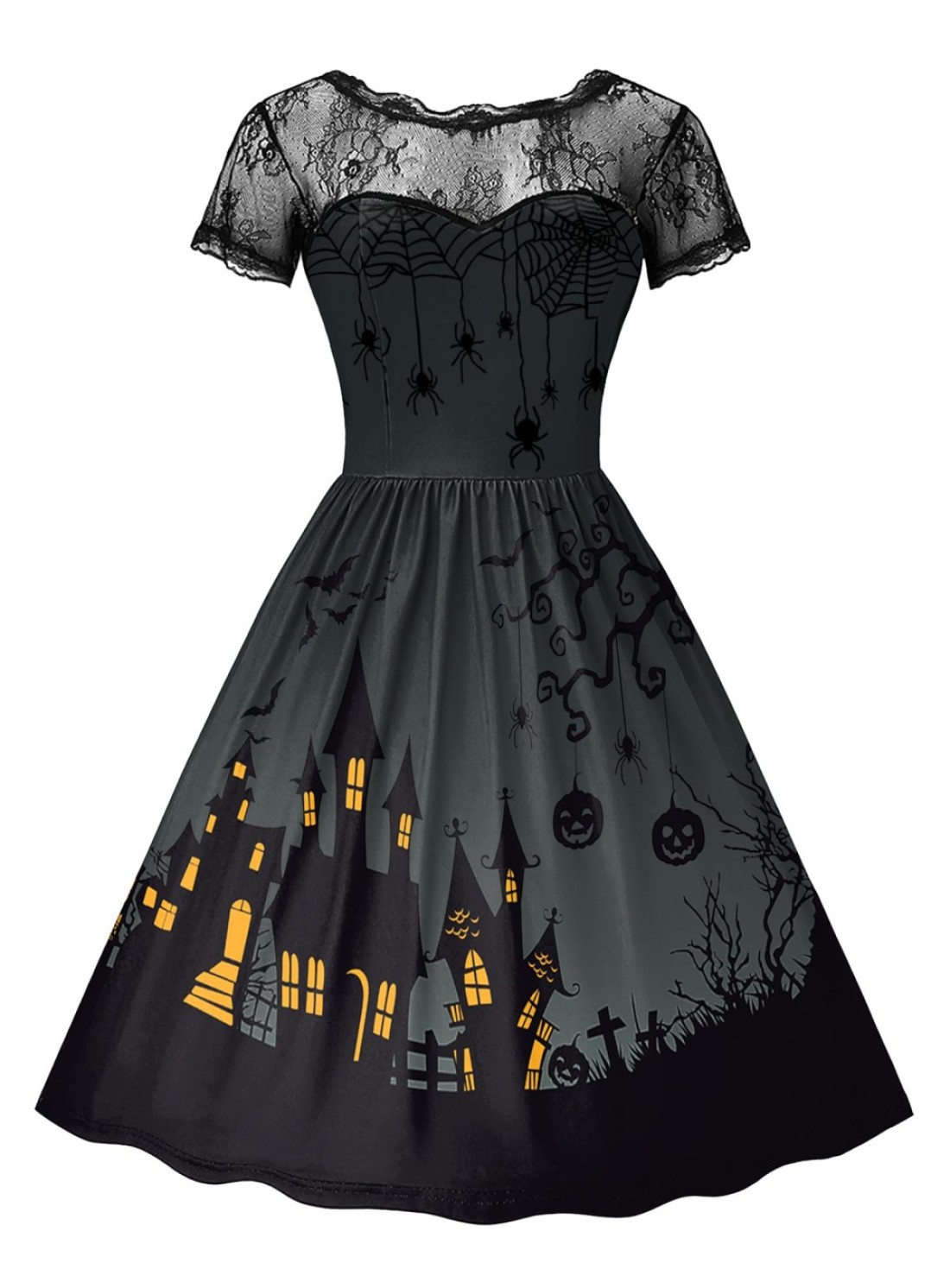Womens Halloween Vintage A Line Swing Costume Lace Sleeves Party Pumpkin Witch Dress Dark Night M
