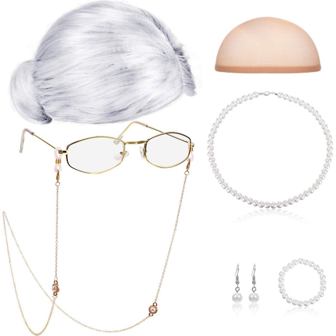 Gejoy 7 Pcs Old Lady Wig Costume for Women Grandma Gray Hair Wig Cap Glasses Chain Pearl Bead Necklace for Cosplay Costume(Sliver White Bun Wig)