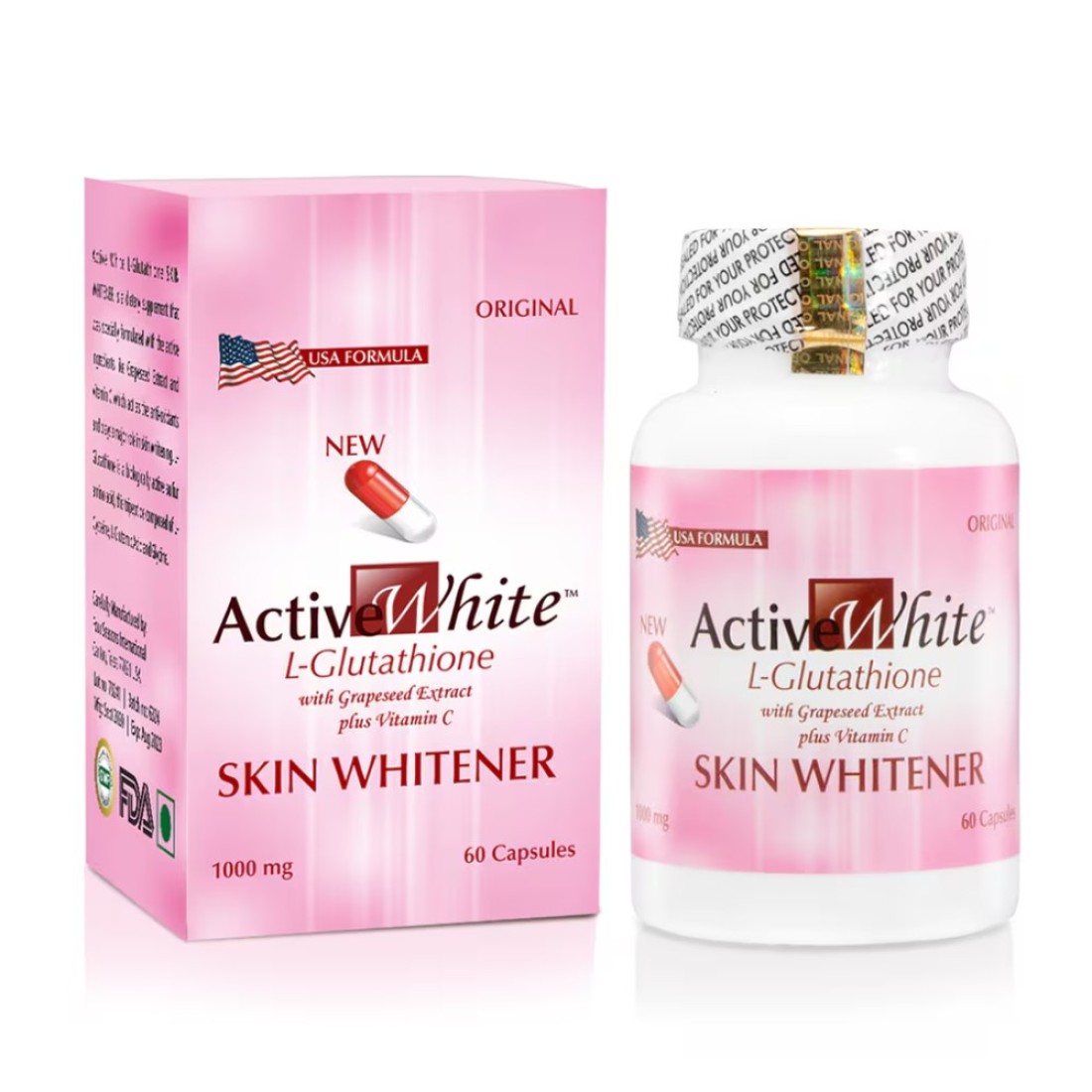 Active White Glutathione Skin Whitening Capsules ( 60 Capsules = 1 Bottle)