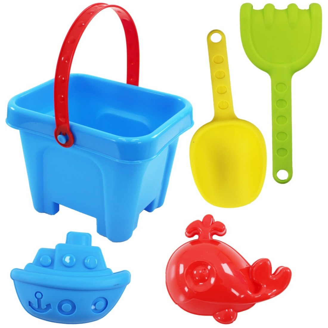 Kids Beach Sand Bucket Castle Set - 5-Piece 15x10x11cm with Bucket, Ship, Fish, &amp; 2 Spade Tools Outdoor Fun for Ages 3+