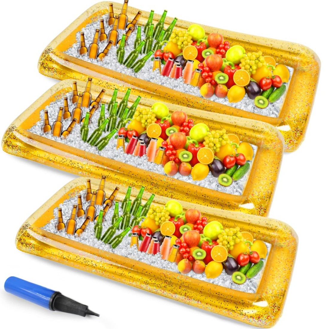 Inflatable Serving Bar Inflatable Buffett Cooler Salad Ice Tray Glitter Confetti Food Drink Containers with Air Pump for Indoor Outdoor BBQ Picnic Pool Party, 52 x 26 x 4.7 Inch (3 Pcs)