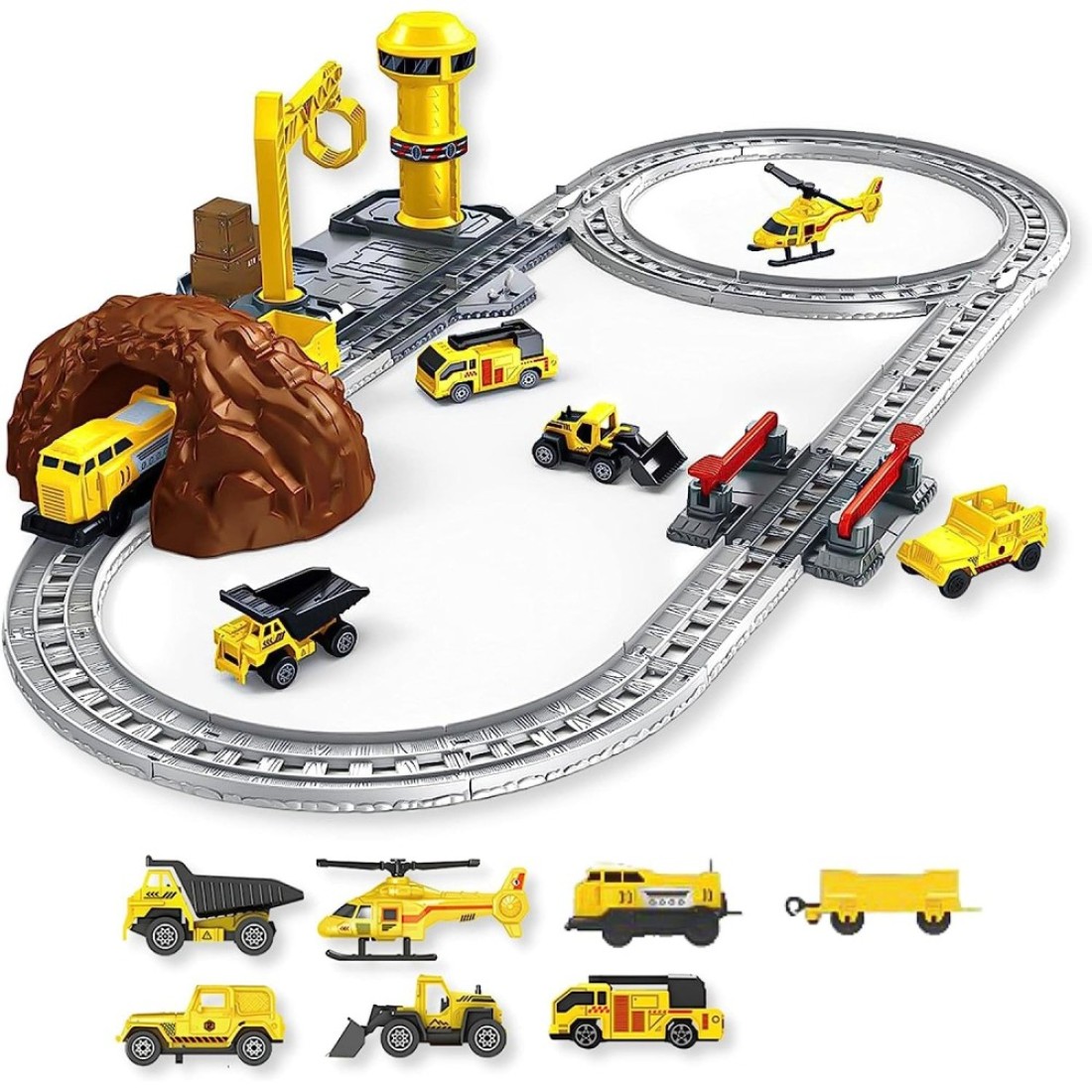 Fitto Train Toy playset for Boys Girls with helicopter and construction vehicle, Trains Tracks, Railway Kits Locomotive Engine, Cargo Car Track, Christmas Gifts for 3 4 5 6 7 8+-year-old Kids