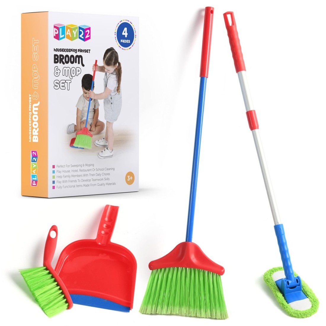 Play22 Kids Cleaning Set 4 Piece - Toy Cleaning Set Includes Broom, Mop, Brush, Dust Pan - Toy Kitchen Toddler Cleaning Set is A Great Toy Gift for Boys &amp; Girls