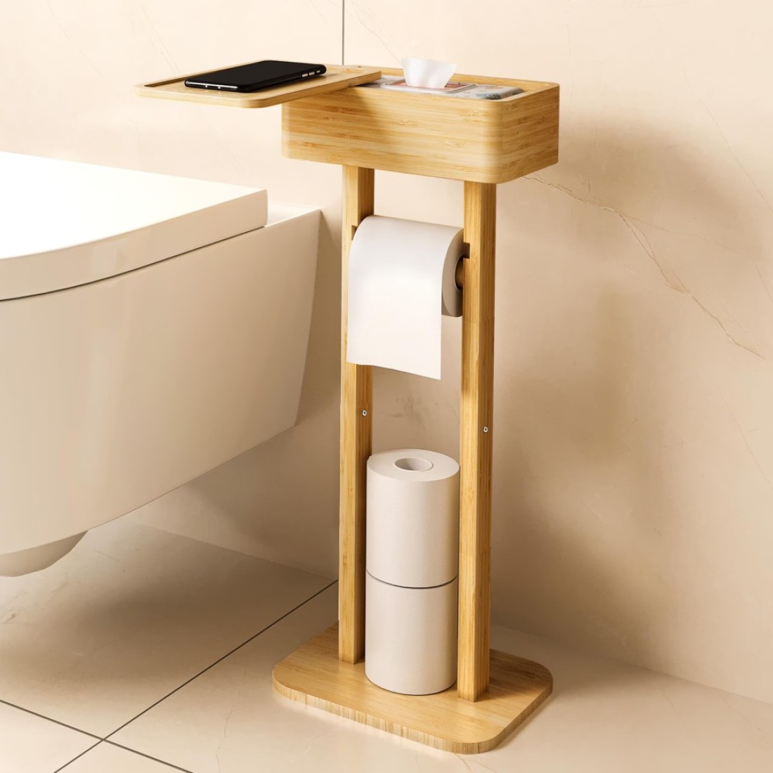 Wealone 4-in-1 Toilet Paper Holder Stand with Storage Shelf Box, 360&Acirc;&deg; Rotating Bamboo Free Standing Toilet Tissue Roll, Toilet Wipes Dispenser Organizer Desktop for Bathroom Decor (Patented)