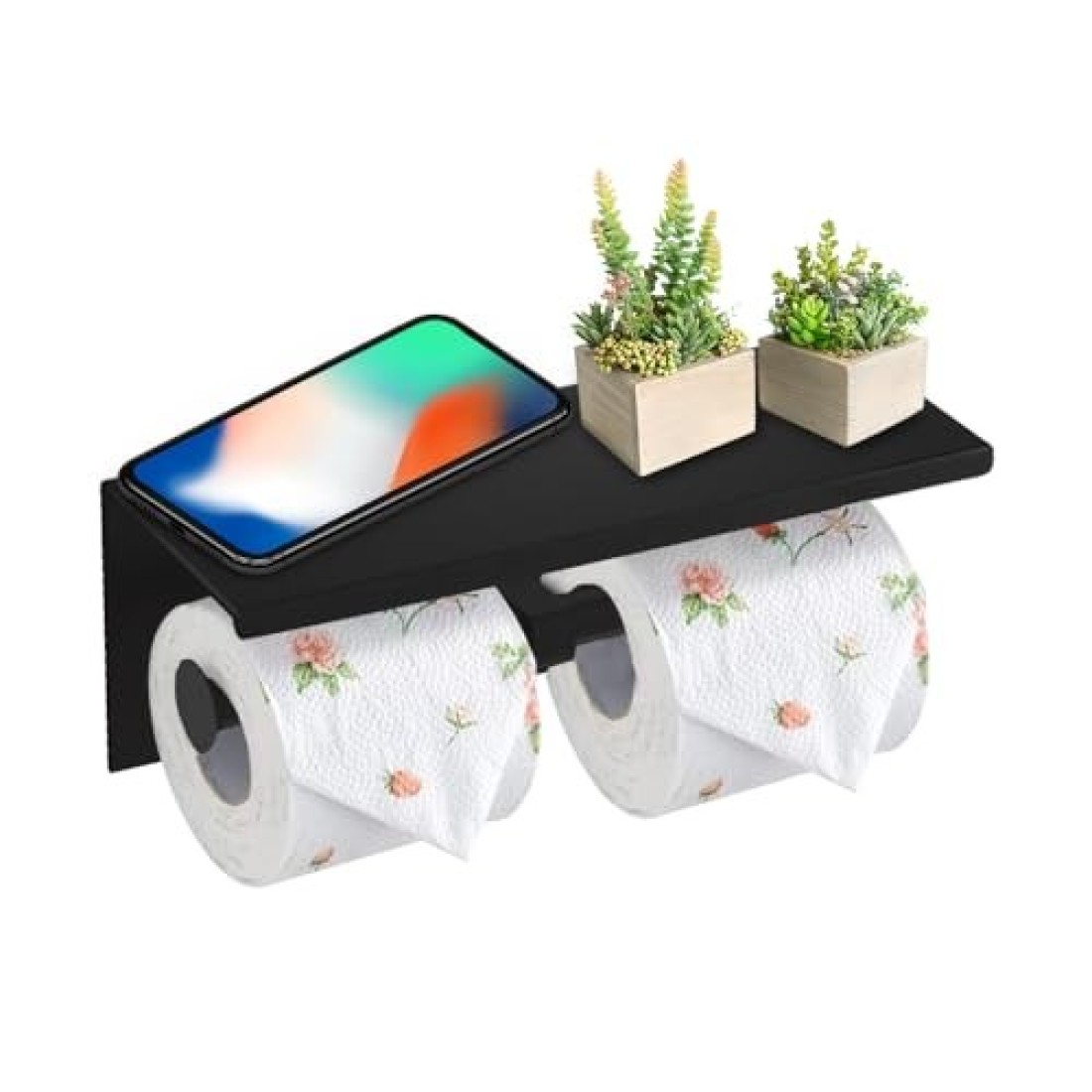 SUNTAI Double Toilet Paper Holder with Phone Shelf, 304 Stainless Steel Modern Bathroom Roll Tissue Holder Wall Mounted, Mattle Black