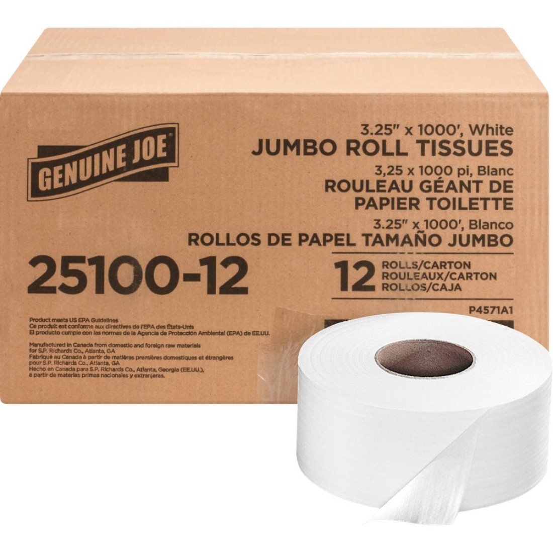 Genuine Joe 2510012 Jumbo Bath Tissue Roll 2Ply 1000Ft 12CT White