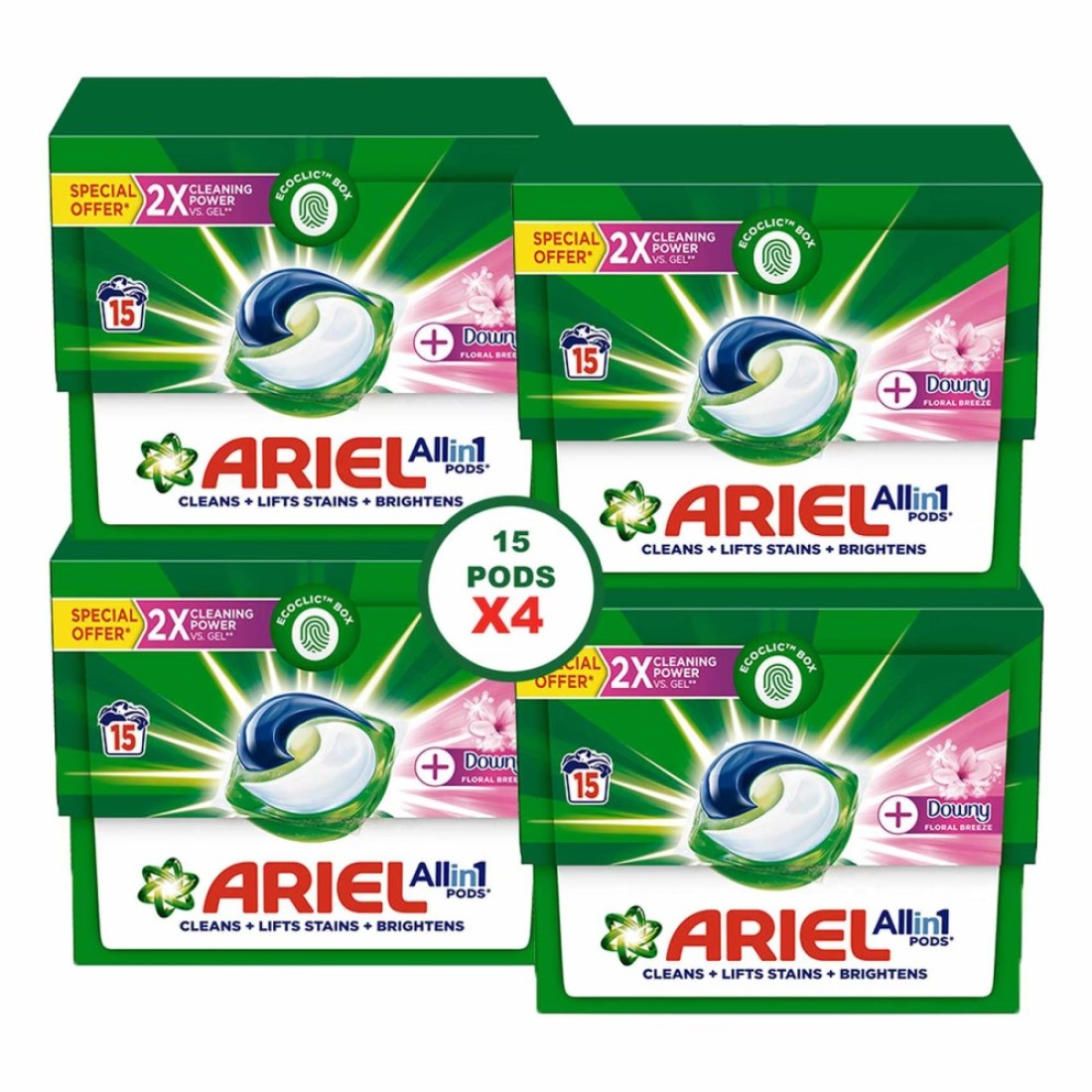 Ariel All-in-1 Pods Capsules Downy Floral Breeze 15 Pods Pack of 4