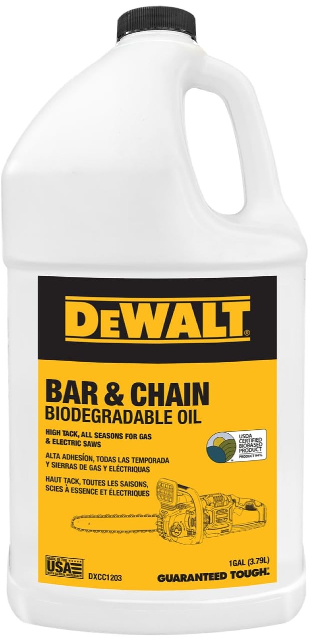 DEWALT Biodegradable Chainsaw Oil High Performance Non Toxic Professional Lubricant Green EcoFriendly Ultraclean All Season Bar Chain Lube 1 GALLON